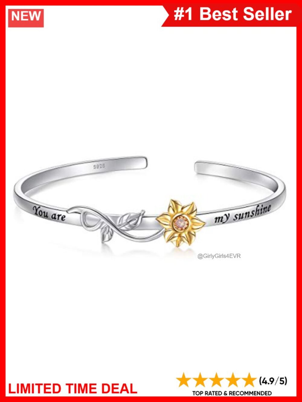 S925 Sterling Silver Sunflower Bangle Engraved You Are My Sunshine Adjustable